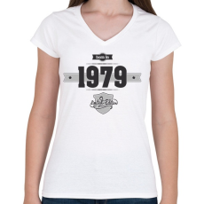 PRINTFASHION born-in-1979-(dark&lightgrey) - Női V-nyakú póló - Fehér