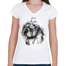 PRINTFASHION bulldog kalappal - Női V-nyakú póló - Fehér női póló