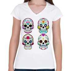 PRINTFASHION Calavera koponyák - Női V-nyakú póló - Fehér