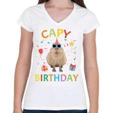 PRINTFASHION Capy Birthday party - Női V-nyakú póló - Fehér női póló