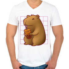 PRINTFASHION Capybara bubis teával - Férfi V-nyakú póló - Fehér férfi póló