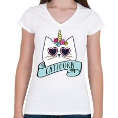 PRINTFASHION Caticorn - Női V-nyakú póló - Fehér
