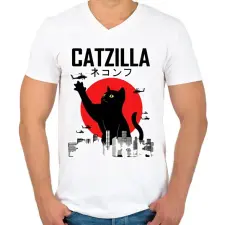 PRINTFASHION Catzilla - Férfi V-nyakú póló - Fehér férfi póló