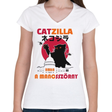 PRINTFASHION Catzilla  mancsszörny - Női V-nyakú póló - Fehér