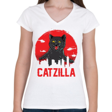 PRINTFASHION catzilla - Női V-nyakú póló - Fehér női póló