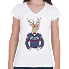 PRINTFASHION Christmas Deer - Női V-nyakú póló - Fehér női póló