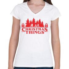 PRINTFASHION Christmas things Sranger Things póló - Női V-nyakú póló - Fehér női póló