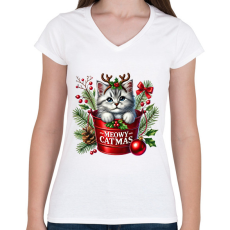 PRINTFASHION cica (1) - Női V-nyakú póló - Fehér