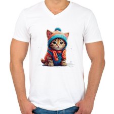 PRINTFASHION Cica a hóban - Férfi V-nyakú póló - Fehér férfi póló