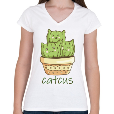 PRINTFASHION Cica - kaktusz - Catcus - Női V-nyakú póló - Fehér