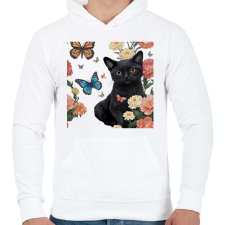 PRINTFASHION cica virágokkal és pillangókkal - Férfi kapucnis pulóver - Fehér férfi pulóver, kardigán