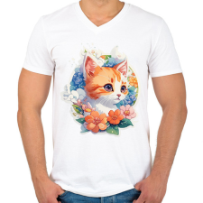 PRINTFASHION Cica virágokkal - Férfi V-nyakú póló - Fehér férfi póló