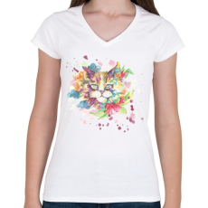 PRINTFASHION Cica vízfesték - Női V-nyakú póló - Fehér