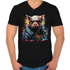 PRINTFASHION Cool pig - Férfi V-nyakú póló - Fekete férfi póló