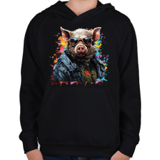 PRINTFASHION Cool pig - Gyerek kapucnis pulóver - Fekete