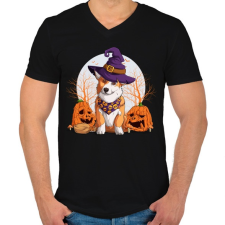 PRINTFASHION Corgi halloween - Férfi V-nyakú póló - Fekete férfi póló