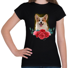 PRINTFASHION Corgi virággal - Női póló - Fekete női póló