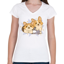 PRINTFASHION Corgik - Női V-nyakú póló - Fehér női póló