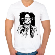 PRINTFASHION Cowboy macska - Férfi V-nyakú póló - Fehér férfi póló