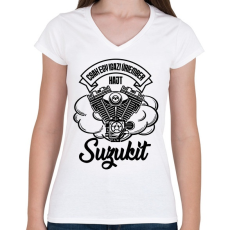 PRINTFASHION Csak egy igazi úriember hajt Suzukit - Női V-nyakú póló - Fehér