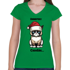 PRINTFASHION Csodás grumpy cat - Női V-nyakú póló - Zöld