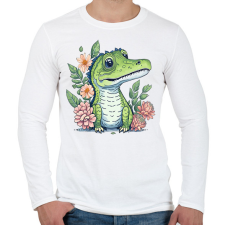PRINTFASHION Cuki krokodil virágokkal - Férfi hosszú ujjú póló - Fehér férfi pulóver, kardigán