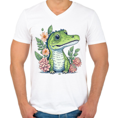 PRINTFASHION Cuki krokodil virágokkal - Férfi V-nyakú póló - Fehér