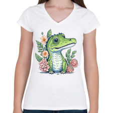 PRINTFASHION Cuki krokodil virágokkal - Női V-nyakú póló - Fehér női póló