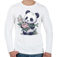 PRINTFASHION Cuki panda virágokkal - Férfi hosszú ujjú póló - Fehér férfi pulóver, kardigán
