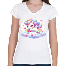 PRINTFASHION Cuki szerelmes egyszarvú - Női V-nyakú póló - Fehér