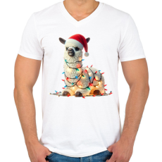 PRINTFASHION Cuki vicces karácsonyi party láma - Férfi V-nyakú póló - Fehér