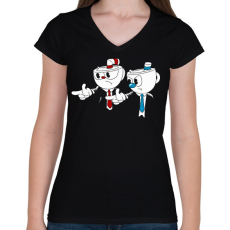 PRINTFASHION Cuphead - Pulp Fiction - Női V-nyakú póló - Fekete