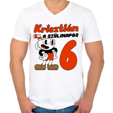 PRINTFASHION Cuphead Szülinap - Egyedi névvel - Férfi V-nyakú póló - Fehér