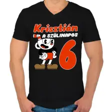 PRINTFASHION Cuphead Szülinap - Egyedi névvel - Férfi V-nyakú póló - Fekete férfi póló