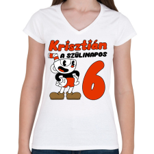 PRINTFASHION Cuphead Szülinap - Egyedi névvel - Női V-nyakú póló - Fehér női póló