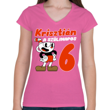 PRINTFASHION Cuphead Szülinap - Egyedi névvel - Női V-nyakú póló - Rózsaszín női póló