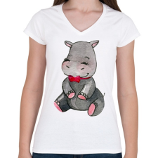 PRINTFASHION Cute Hippo - Női V-nyakú póló - Fehér női póló