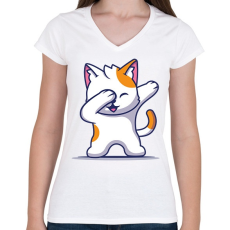 PRINTFASHION Dab Cat - Női V-nyakú póló - Fehér