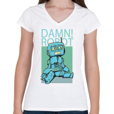 PRINTFASHION Damn Robot- - Női V-nyakú póló - Fehér