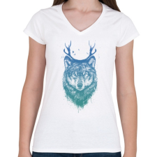 PRINTFASHION Deer wolf - Női V-nyakú póló - Fehér női póló