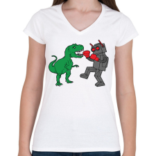 PRINTFASHION Dínó és robot - Női V-nyakú póló - Fehér női póló