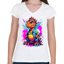 PRINTFASHION Dino - Női V-nyakú póló - Fehér női póló