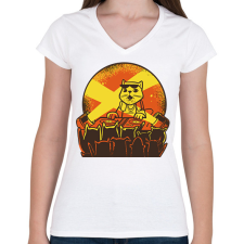 PRINTFASHION DJ macska - Női V-nyakú póló - Fehér női póló