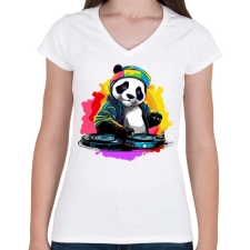 PRINTFASHION DJ Panda - Női V-nyakú póló - Fehér női póló