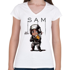PRINTFASHION Don't breathe! Sam - Női V-nyakú póló - Fehér női póló