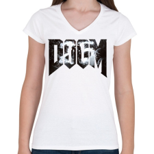 PRINTFASHION DOOM - Női V-nyakú póló - Fehér női póló