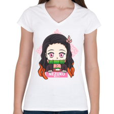 PRINTFASHION DS Nezuko - Női V-nyakú póló - Fehér női póló