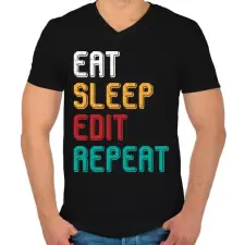 PRINTFASHION Eat, sleep, edit, repeat színes - Férfi V-nyakú póló - Fekete férfi póló