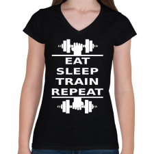 PRINTFASHION EATSLEEPTRAINREPEAT FEHÉR - Női V-nyakú póló - Fekete női póló