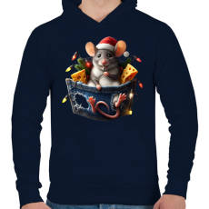 PRINTFASHION Egér zsebben - vicces karácsonyi kisegér mikulás sapkában - Férfi kapucnis pulóver - Sötétkék